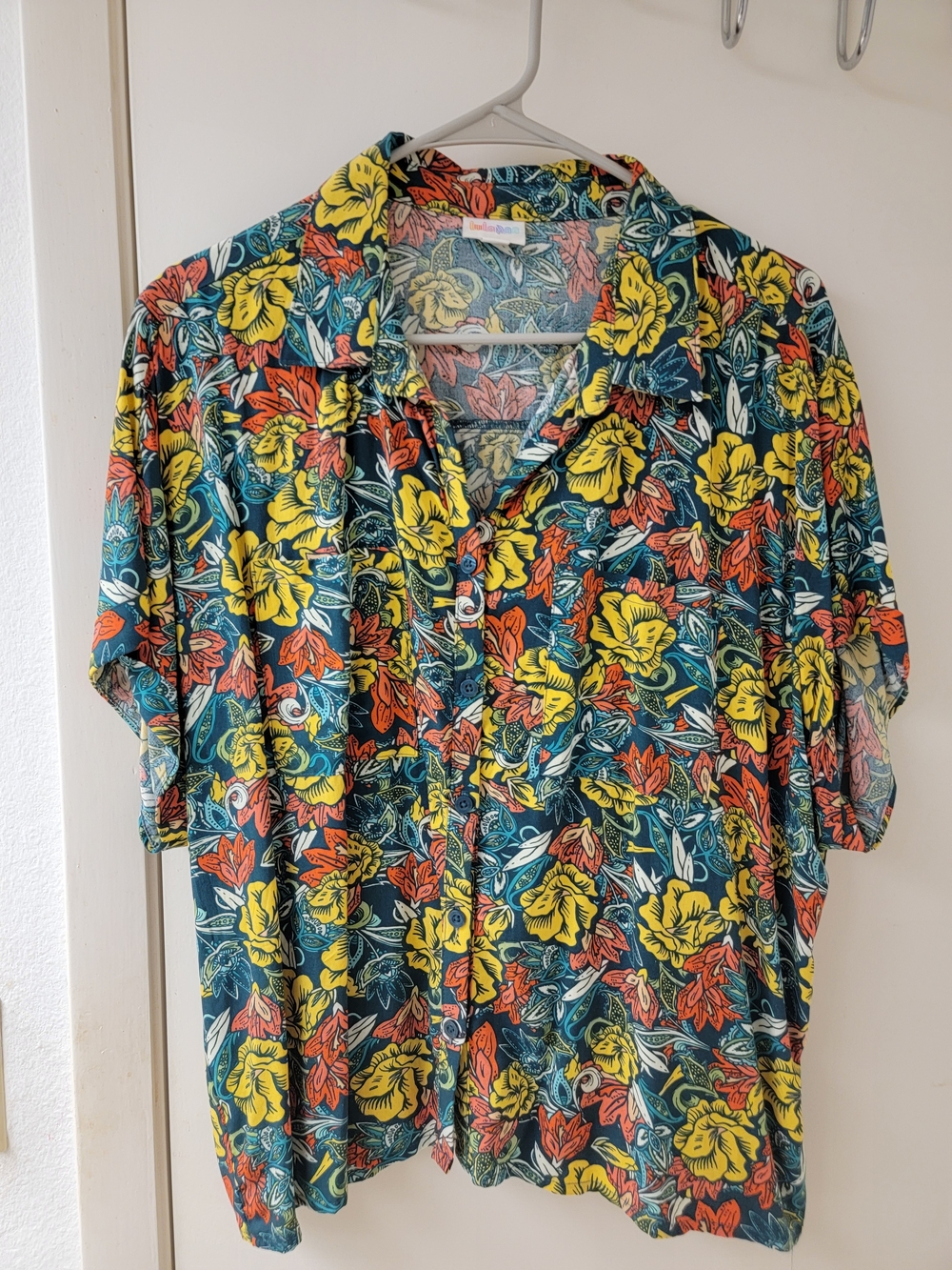 LuLaRoe Teal Button-Down Camp Shirt with Yellow & Orange Floral